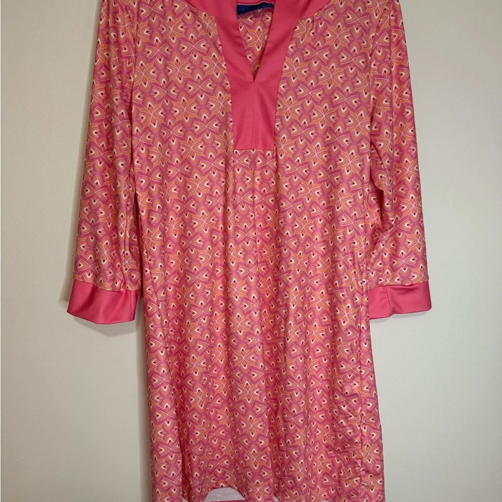 Cabana Life Pink Patterned Tunic Dress/swim coverup with Solid Trim size large - Picture 2 of 14